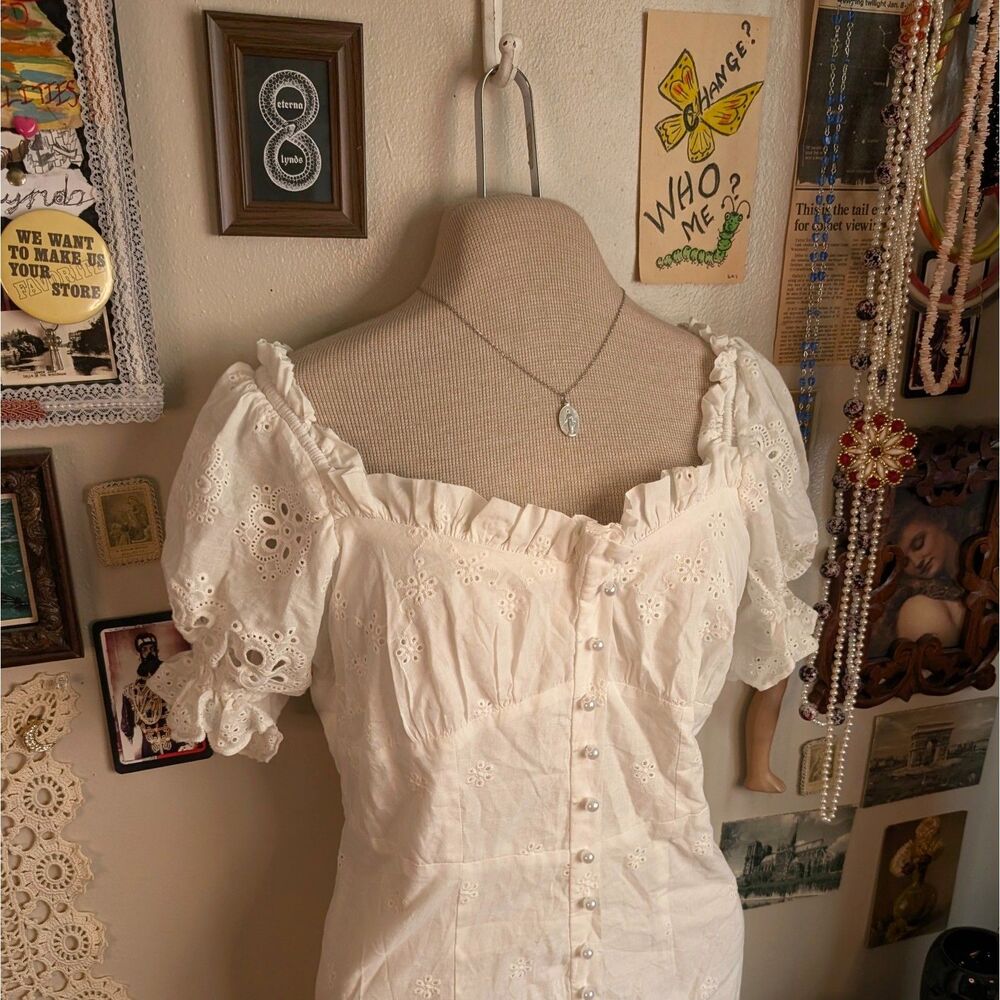 Puff Sleeve Eyelet Mini Dress Women's Medium/Large White